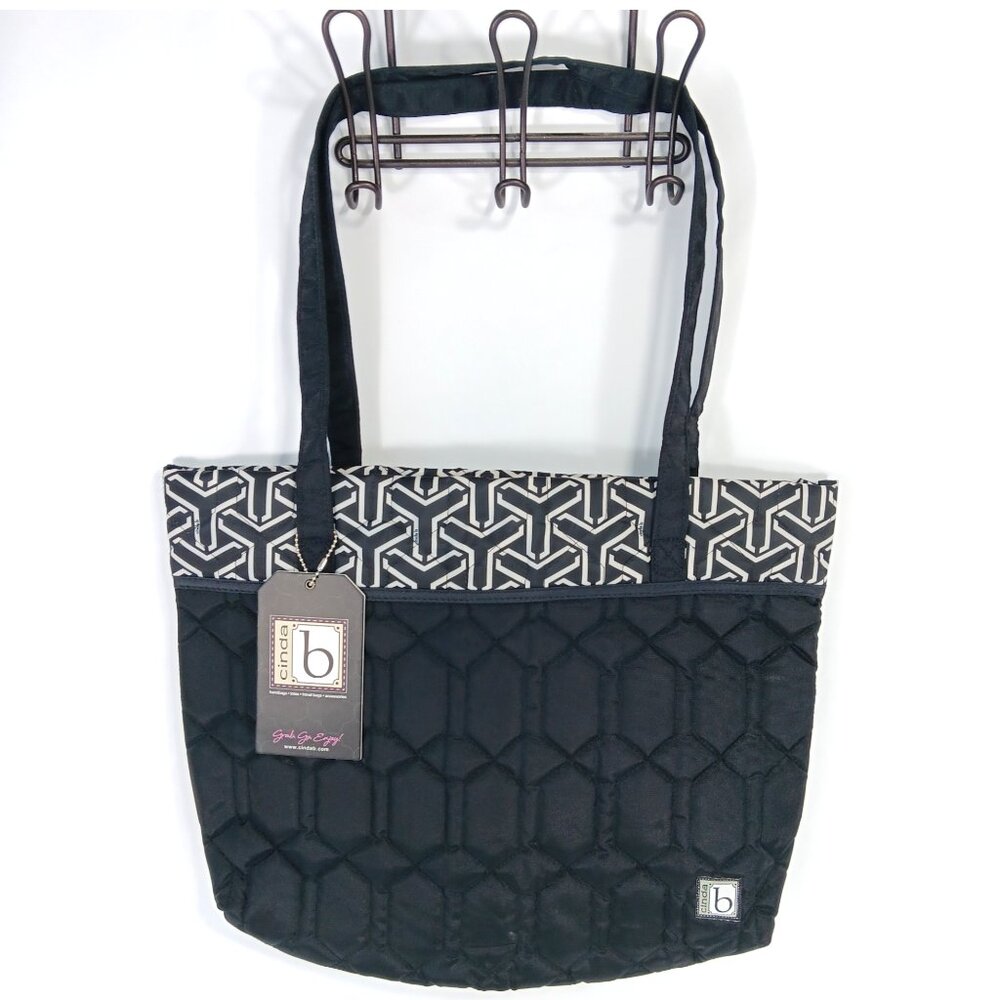 CINDA B- Jet Set Black-Tote-Purse-Shoulder Bag-Quilted Pattern-Black-White - Picture 2 of 10